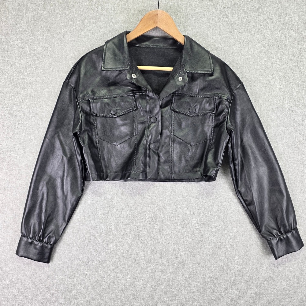 Edgy Womens S Black Faux Leather Cropped Jacket Snap Front Y2K Moto